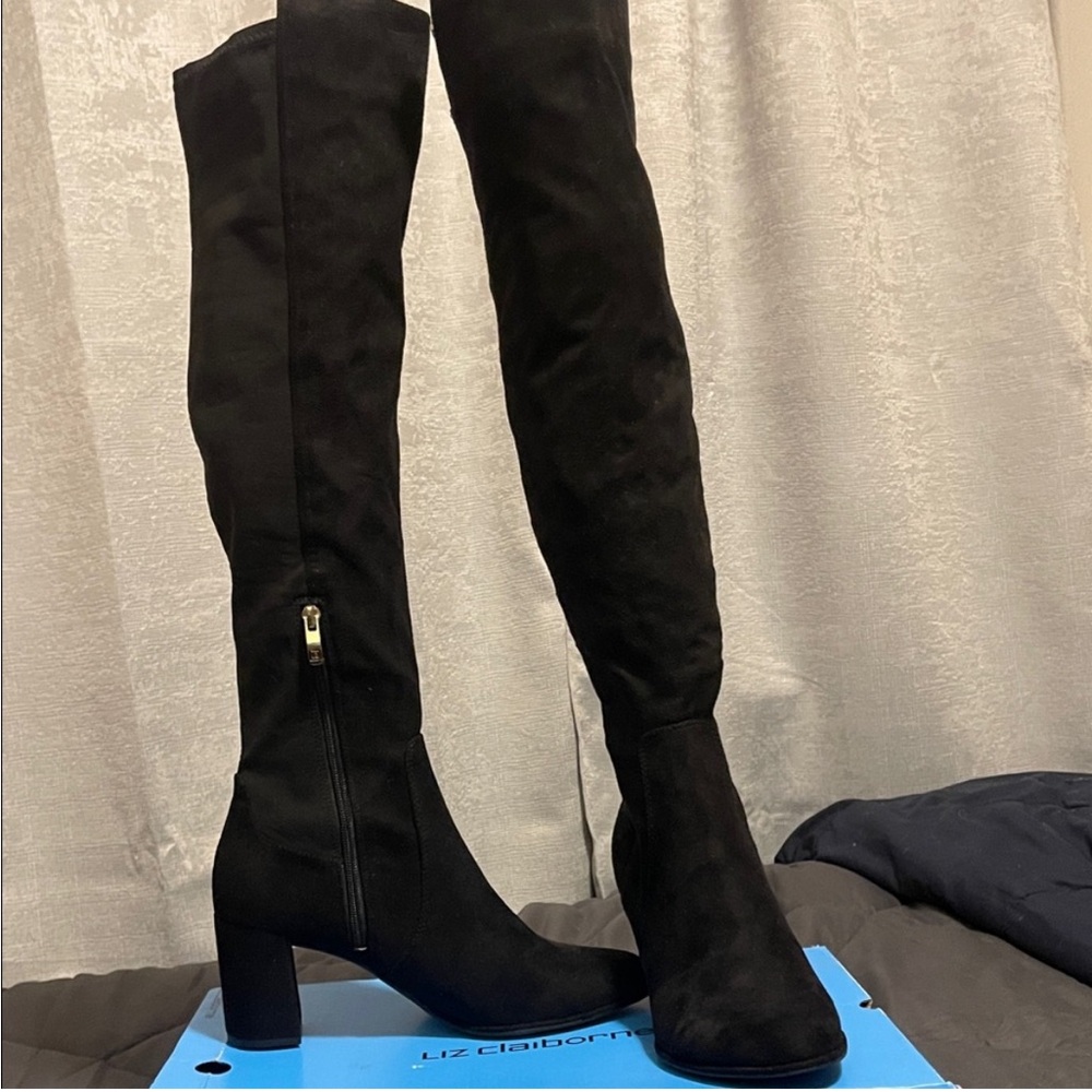NWT Liz Claiborne Suede Black Over-the-Knee Thigh High Memory Foam Women's Boots